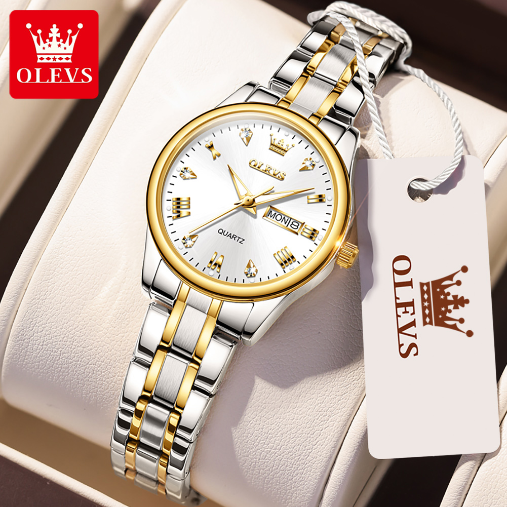 Luxury Watch With Leather Strap - OLEVS-Relógio de Quartzo Impermeável Feminino, Nova